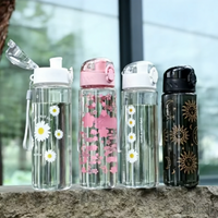 Portable Convenience Large Capacity Cherry Blossom Water Bottle with Secure Lid & Carrying Rope, High-Quality PC Material