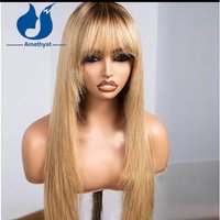 Amethyst Straight Blonde Full Machine Made Human Hair Wig with Bang for Women Brazilian Remy Hair Scalp Top with Dark Root Ombre