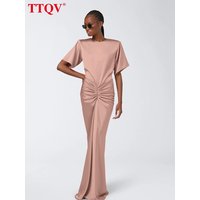 TTQV Summer Loose Pink Satin Women's Dress 2026 Fashion O-Neck Short Sleeve Maxi Dresses Elegant Classic Ruched Female Dress