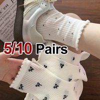 5/10 Pairs Women Solid Color Mid Tube Socks Fashionable Butterfly Knot Print Spring Summer Thin Korean version Stacking Socks