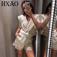 HXAO Summer Women's Suit Khaki Lace Shorts Sets Crop Asymmetric Button Blazer Women Sets Chic Mid Waist Short Holiday Short Sets