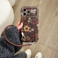 Korean Ins Full Screen Retro Vibrant Flower Leather Wrist Strap Phone Case for iPhone 17 16 15 14 13 Pro Max Back Cover Fund