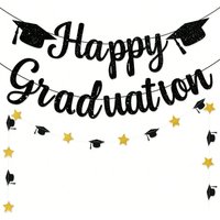Happy Graduation Banner Black Gold Glitter with Grad Caps Decoration for Graduation Party Supplies