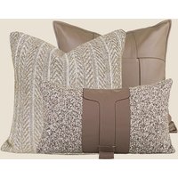 Simple Modern beige coffee cushion cover PU leather tweed patchwork pillowcase