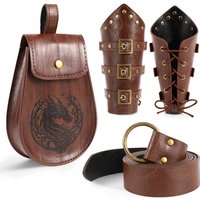 Medieval Retro Knight Bracers Arm Guards Leather Belt with Waist Pouch Set Cosplay Stage Props