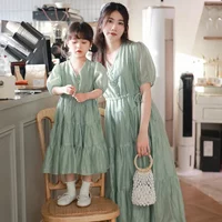 Mother and Daughter Elegant Dresses for Women Mom and Baby Girls Equal Dress White Green Color Mommy and Me Matching Clothing