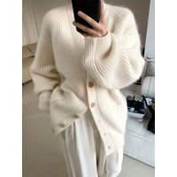 Long section in autumn and winter 100% pure cashmere cardigan lazy wind loose high-end autumn thick sweater coat.