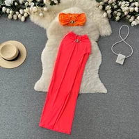 Foamlina Women Fashion Summer Clothing Sets 2025 Sexy Two Piece Set Strapless Crop Top Elastic Waist High Split Long Skirt Suits