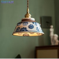 Chinese-style Wabi-sabi Retro Blue-and-white Porcelain Pendant Lights for Balcony Bedside Dining Room and Kitchen