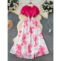 Summer French V-neck Ruffle Sleeve Patchwork Printed Dress for Women New Fashionable Contrasting Color Waist Length Dress S538
