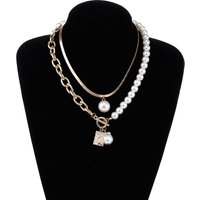 2PCS Gold-color Necklace Hip Hop Style Baroque Faux Pearls Head Square Pendant Jewelry