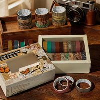 20 Rolls of Vintage Washi Tape in a Box, DIY Decorative Material Stickers for Journals, Adhesive Tear-Off Tape, Handmade Scrapbook Envelope Collage Border Material