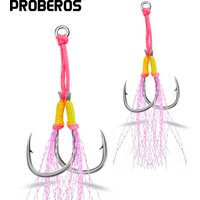 PROBEROS 5Pcs/lot New Style Tied With Pink Bright Wire Iron Plate Double Hook Black High Carbon Steel Fish Hook Wholesale