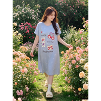 Summer New Loose Dress Women Casual Fashion Cartoon Fun Cute Bear Print Round Neck Short-sleeved Dress Home-based casual wear
