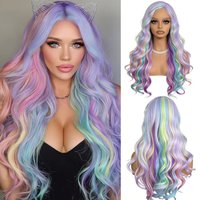 Rainbow Wig Long Wavy Curly Wigs for Women Colorful Wigs 26 Inches Rainbow Ombre Wigs Synthetic Cosplay Wig Pastel Colored Wigs