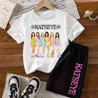 KATSEYE Cartoon Print Summer T-Shirt Set - Boys, Girls' Casual Tops Street Style Kids' Pure Cotton Short-Sleeved Shorts for