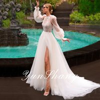 YunShang High Neck Wedding Dress With Detachable Sleeve Lace Applique Split Beach A-Line Bride Gown Btton Train Customized Woman