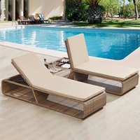 ๏ผ@Modern Outdoor Teak Rattan Recliner Bed Sofa Foldable UV Resistant Anti-Rust Cushions Included Hotel Pool Leisure Use