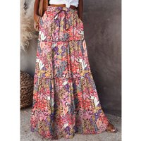 Women's Bohemian Long Skirts Summer Vintage Long Maxi Elastic High Waist A-Line Skirts Chic Tiered Skirts With Pockets Beachwear