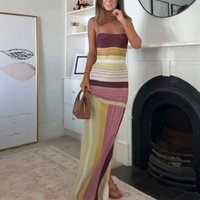 Elegant Sleeveless Hollow Out Seaside Vacation Dress Summer Sexy Slim Pleated Dress Vintage Stripe Contrast Color Knitted Dress