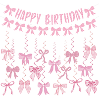 Sweet Pink Bow Theme Happy Birthday Banner Swirl Hanging Garland Photo Props for Kids Girl Birthday Baby Shower Party Decoration
