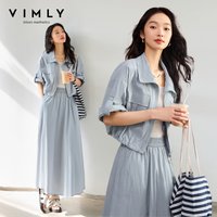 VIMLY Women's Skirt Sets 2026 Gray and Blue Commuter Skirt Suits Woman Outfits Summer Short Sleeve Crop Jacket Long Skirt M8106
