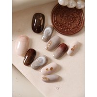 10Pcs Press on Nails Short Brown Nails Halation Acrylic Press on Nails Fake Nails Includes 1 Sheet Adhesive Tabs & 1 Pc Mini File