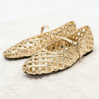 Gold Woven Hollow Buckle Mary Jane Shoes for Women Metallic Effect Design Breathable Flat Sandals Elegant Designer Ballet Flats