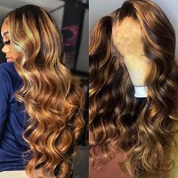 4/27 Perruque de cheveux naturels avec frange en dentelle HD 13x4, ondulation naturelle, cheveux de bébé pré-effilés, densité 220 %, blond ombré, ondulation naturelle, 36 pouces, pour femmes, perruque