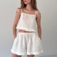 Women's Summer Casual Linen Cotton 2-Piece Set Korean Ruffles Camisole Top with Elastic Waist Shorts Homewear