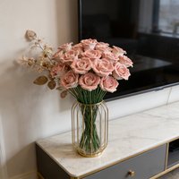 13Pcs Handmade Pink Ceramic Rose Flowers with Green Stems, Artificial Flower Bouquet for Home Vase Table Decor