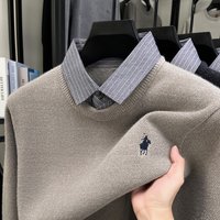 Personality fake two pieces men knitted sweater luxury designer brand Paul pony embroidery fashion striped shirt collar pullover