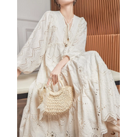 Women's Long Sleeve Lace Embroidery Dress Tie Neck Puff Sleeve Hollow Out Elegant Casual Gown
