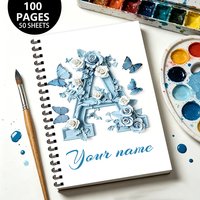 1pc, 26-letter custom Blue Theme notebook,DIY name, 50 pages suitable for travel and journaling, notebook/diary/spiral notebook.