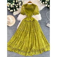 Elegant Lace Splice V-Neck Long Dress Women's High Waist Gathered Skirt Elegant Draped Dress City Commute Party Wear