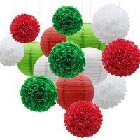 15Pack Green White Red Paper Flower Pompom Balls and Paper Lanterns for Christmas Birthday Graduation