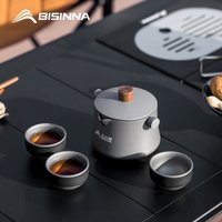 BISINNA Portable Travel Tea Set One Teapot and Three Teacups with Carry Bag Aluminum Alloy Nesting Storage for Camping Picnic