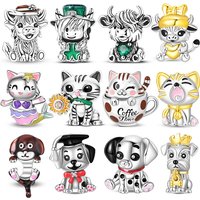 925 Sterling Silver Highland Cow Charms Bead CZ Zircon Cat And Dog Dangle Fit Original Bracelet DIY Women Jewelry