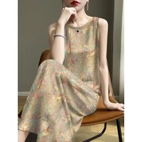 Elegant Mommy Printed Vest Dress Meat Concealing Women's Inner Wear Outerwear Summer Long A-Line Gown round Neck Sleeveless