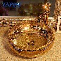 ZAPPO Gold Vessel Sink with Faucet Drain 15” Round Ceramic Bathroom Sink Above Counter Gold Luxury Vessel Sinks for Bathroom