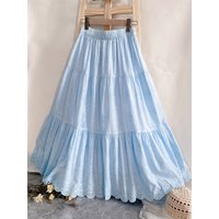 Spring Summer Pure Color Light Blue Embroidered Floral A-Line Midi Skirt Women's Cotton Thin Umbrella Skirt Cake Skirt L...