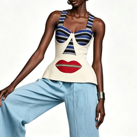 Vacation Striped Printed Casual Women's Suit Vintage Sleeveless Party Set Fashion Halter Backless Top + Half Skirt Summer Outfit