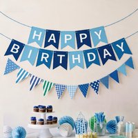 2pcs Happy Birthday Banner, Blue Bunting Garland with String, Party Decorations Birthday, Photo Backdrop, Celebration Supplies