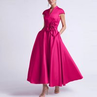 Elegant Women's Cocktail Party Gowns Pink Satin Handmade Flower Ruched A-line Poretrait Midi Dresses Bespoke Occasion Gowns