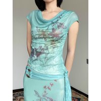 Green Tone Sparkling Two-Piece Set For Women's Summer Retro Swing Collar Mesh Top Paired With Fishtail Skirt Two-Piece Set