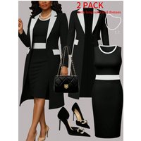 Women's New Autumn and Spring Elegant Two-Piece Set: Color-Contrast Long-Sleeved Open-Front Blouse + Versatile Fitting Mid-Length Sleeveless Dress