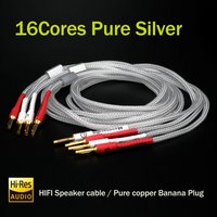 Pair Pure Solid Silver Speaker Cable with16Core Pure Copper B80 Banana Plug pure silver Loudspeaker Cable Wire for CD Amplifier