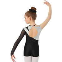 Kids Girls Gymnastics Leotard Outfit Ballet Dance Figure Skating Costume Mesh Long Sleeve Rhinestones Jumpsuit Shorts Hair Band