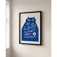 "Sassy Bathroom Cat Wall Art - Bold Blue Silhouette Print of a Cat with a Playful 'Did Ya Wash Yer Hands?' Message, Quirky Moder