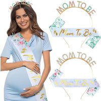 Mom to be Headband Tiara and Satin Sash for Gender Reveal Baby Showers Party Decorations Supplies Mom To Be Flower Printed Sash